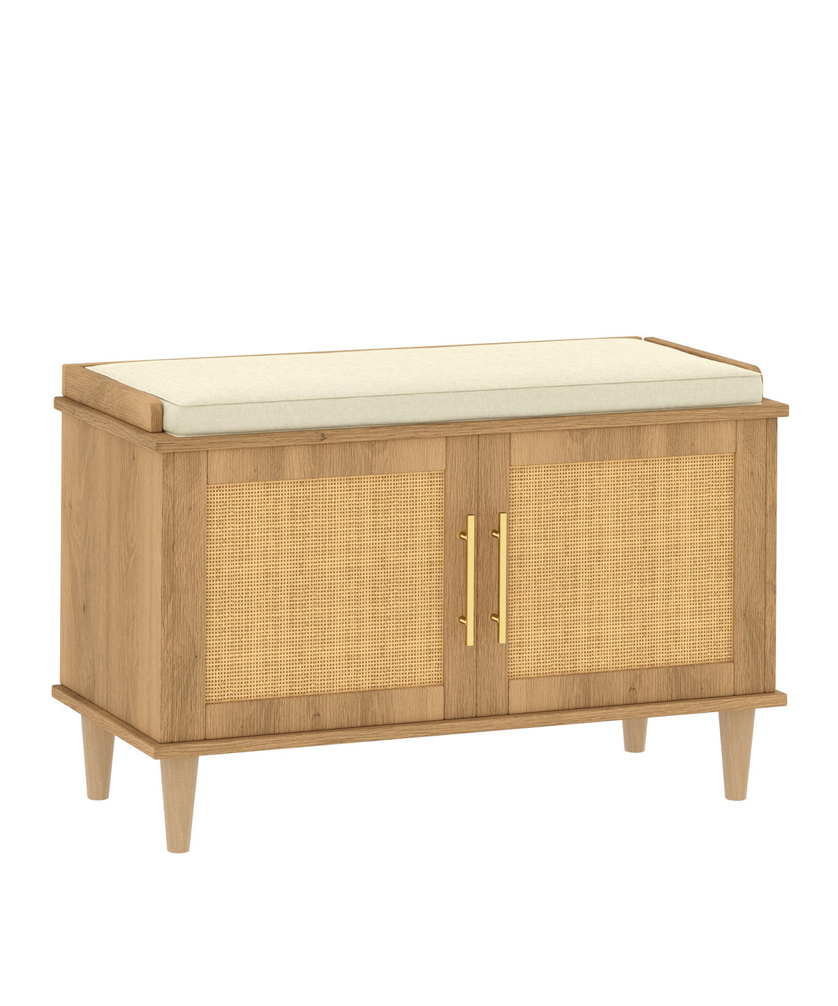 Akxomel 47.2" Rattan Shoe Storage Bench 4 Doors Wooden Entryway Bench Oak