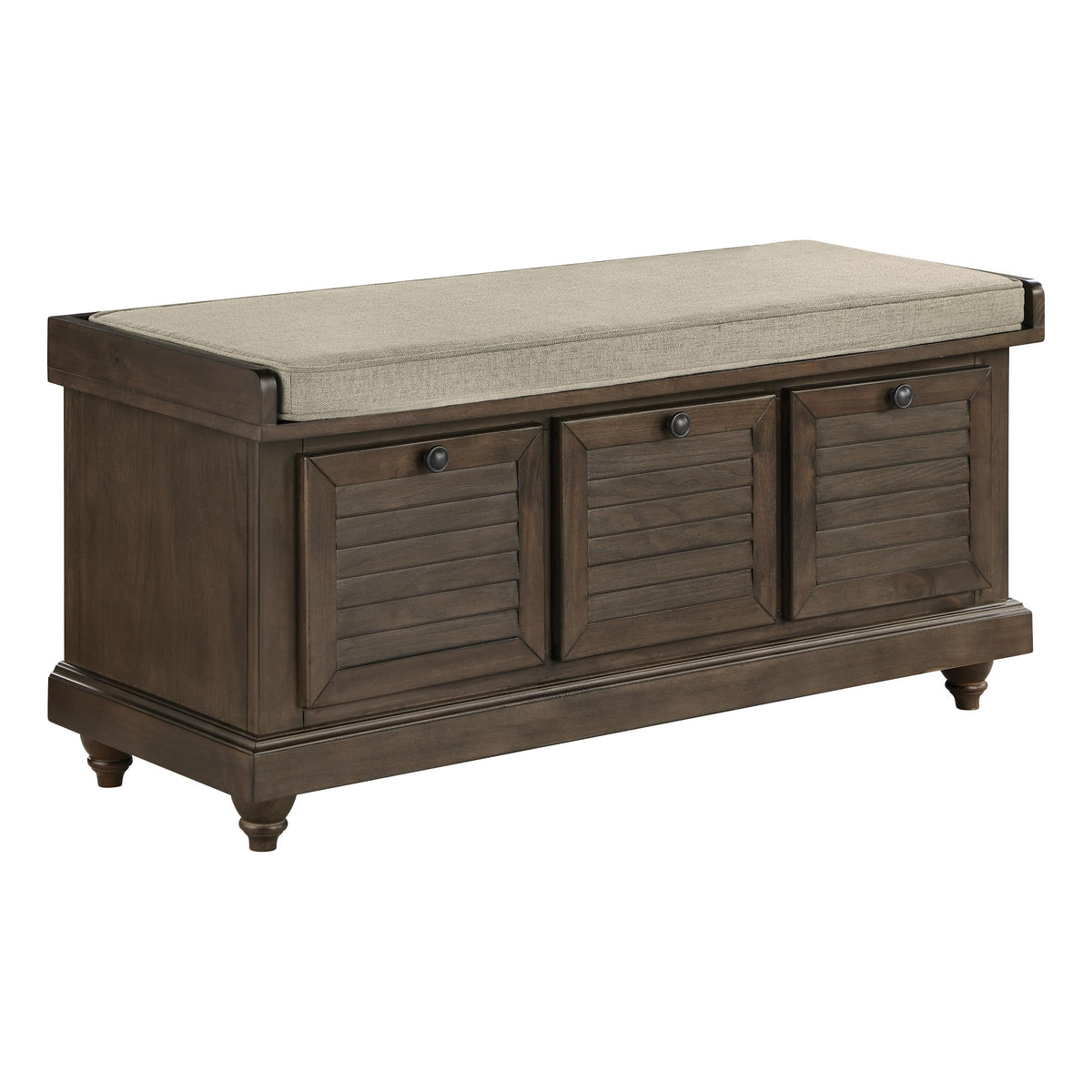 OSP Home Furnishings Dover Coastal Lift-Top Storage Bench with Shutter Face Styling, Distressed Brown Finish with Beige Linen Fabric Cushion