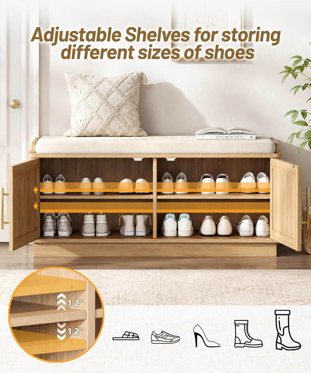 Akxomel 39.4" Fluted Shoe Storage Bench 2 Doors Wooden Entryway Bench Oak