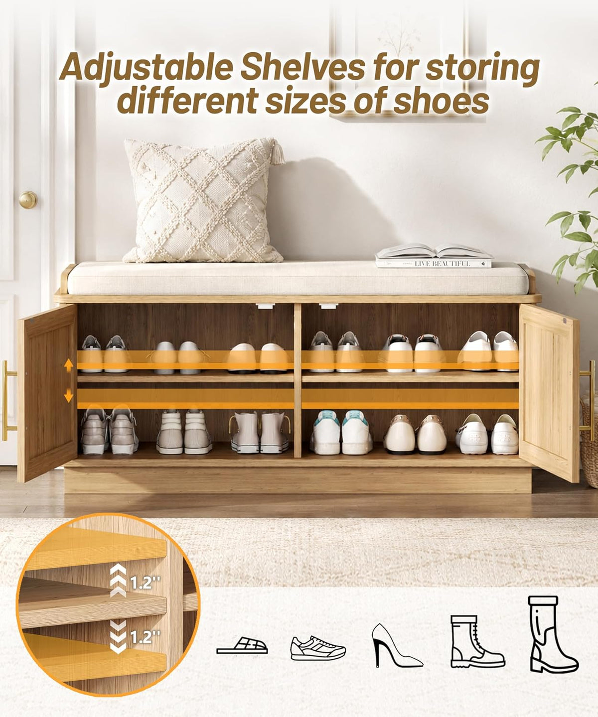 Akxomel 39.4" Fluted Shoe Storage Bench 2 Doors Wooden Entryway Bench Oak