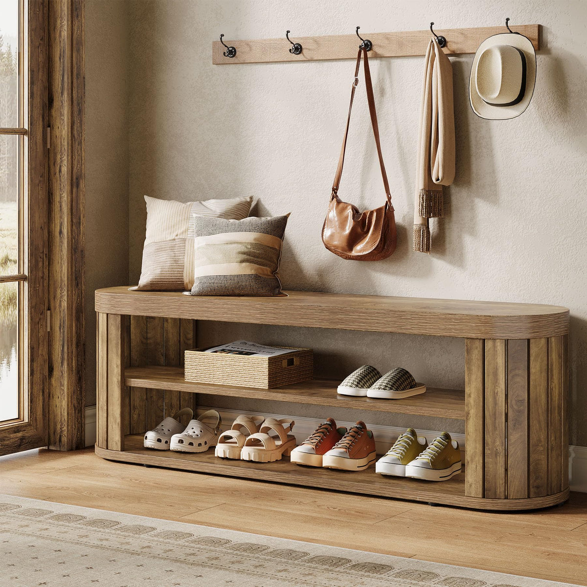 Tribesigns 47.2" Wooden Entryway Bench with 2-Tier Shoe Storage, Farmhouse Dining Bench with Adjustable Foot Pads, End of Bed Stool for Bedroom, Hallway, Living Room, Dining Room, Rustic Brown