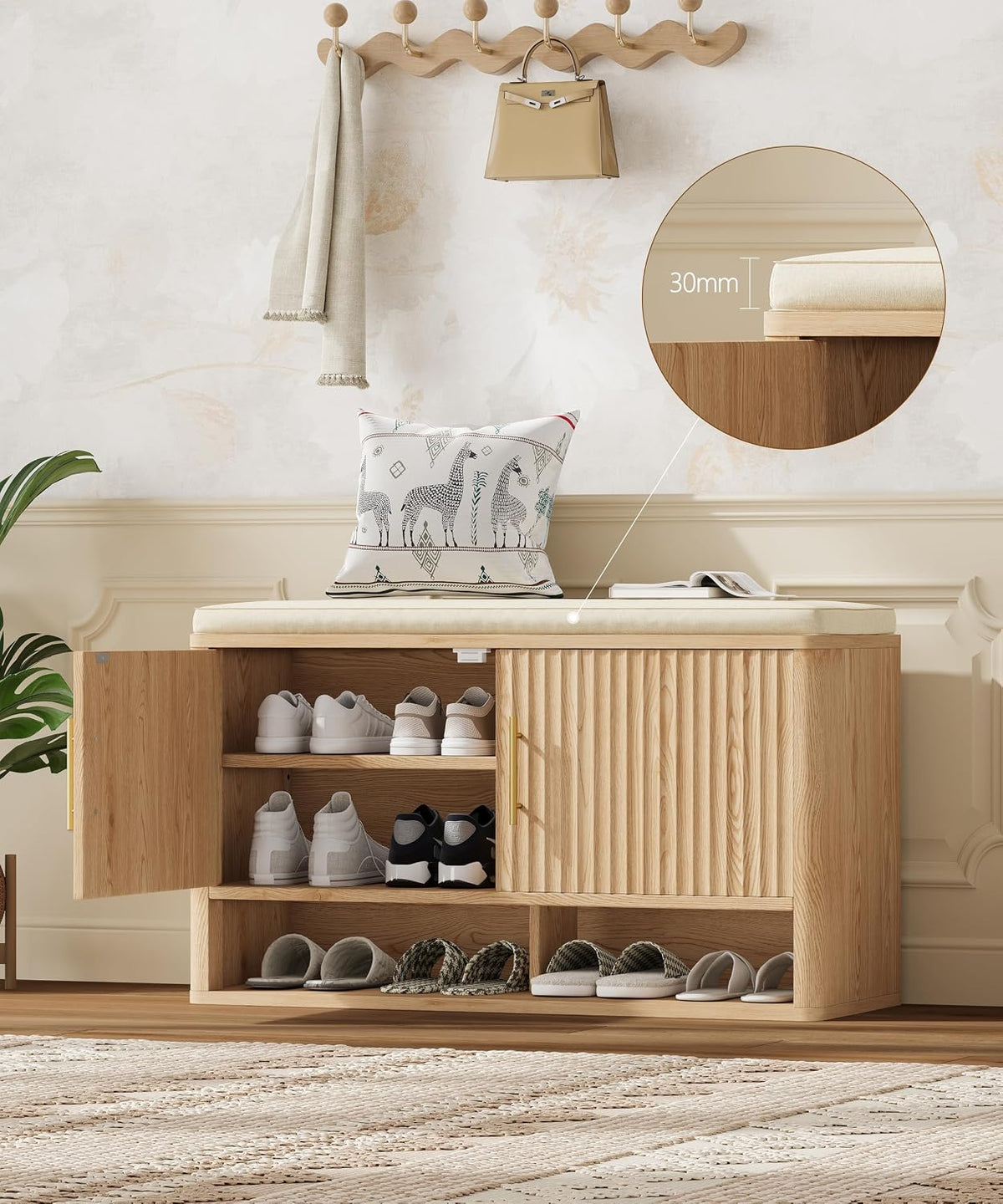 Fluted Shoe Storage Bench, Entryway Bench with Adjustable Shelves