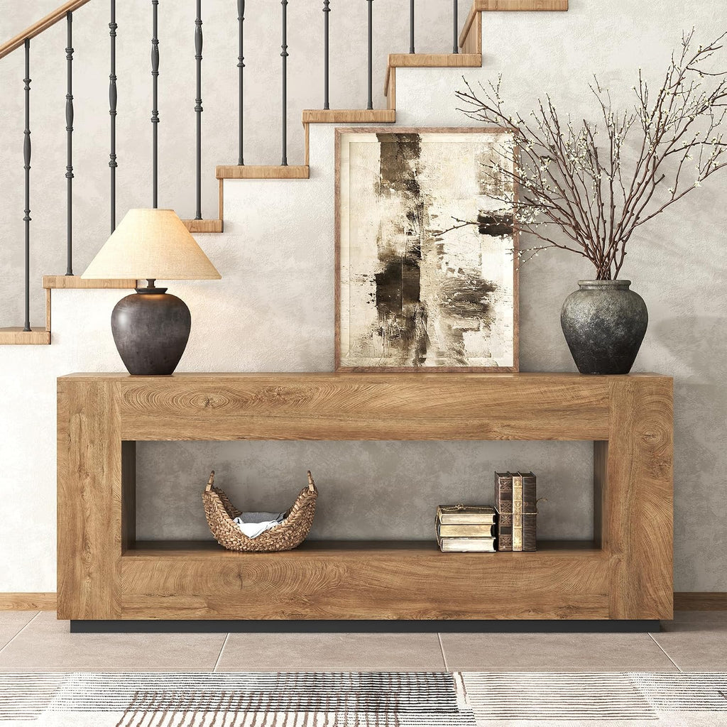 Epecoya 78 Inch 2-Tier Extra Long Console Table, Oak Brown Wood Sofa Table