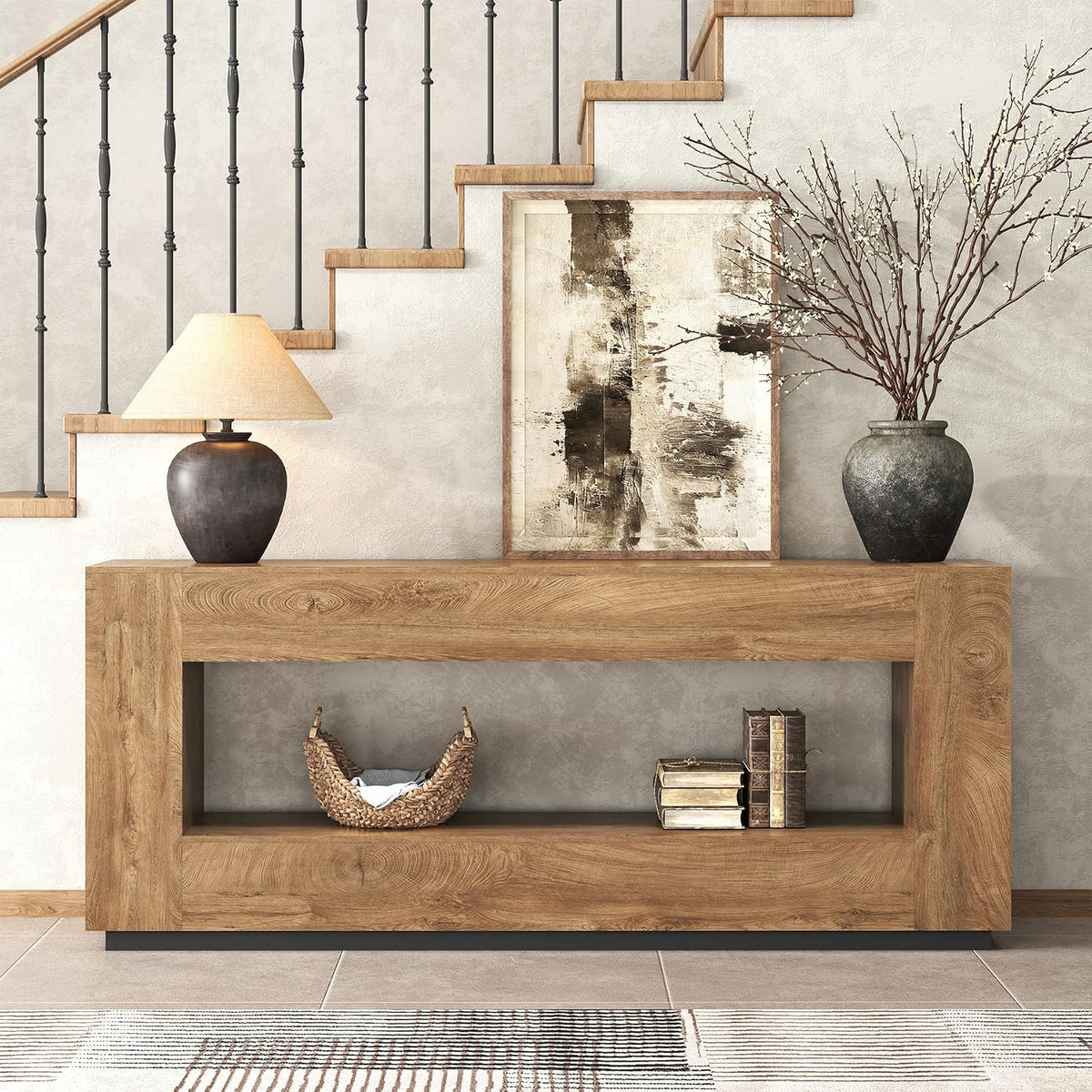 Epecoya 78 Inch 2-Tier Extra Long Console Table, Oak Brown Wood Sofa Table