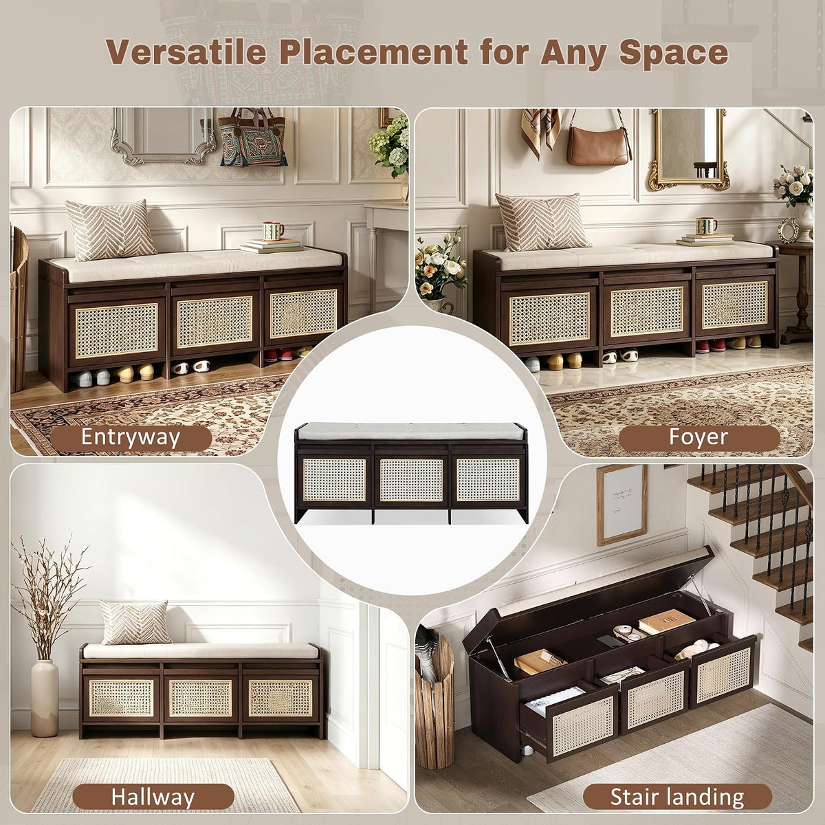 48" Entryway Storage Bench with 3 Rattan Drawers，Espresso