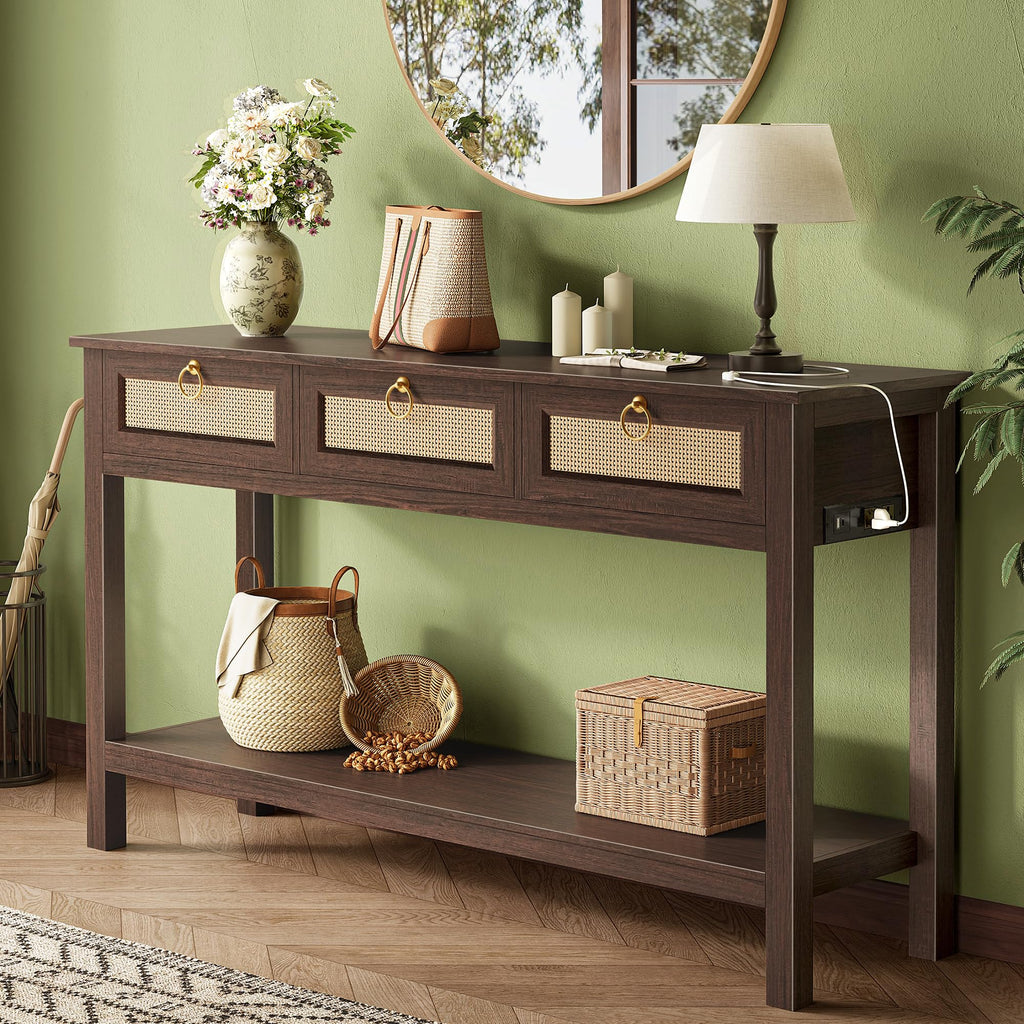SUPERJARE Rattan Console Sofa Table with Outlets, USB-C Port and 3 Drawers