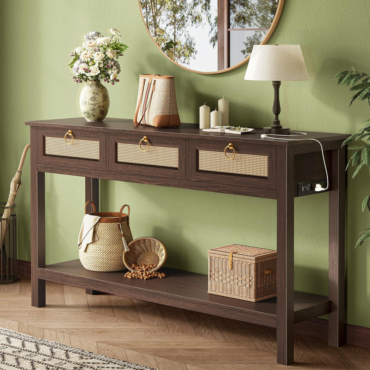 SUPERJARE Rattan Console Sofa Table with Outlets, USB-C Port and 3 Drawers