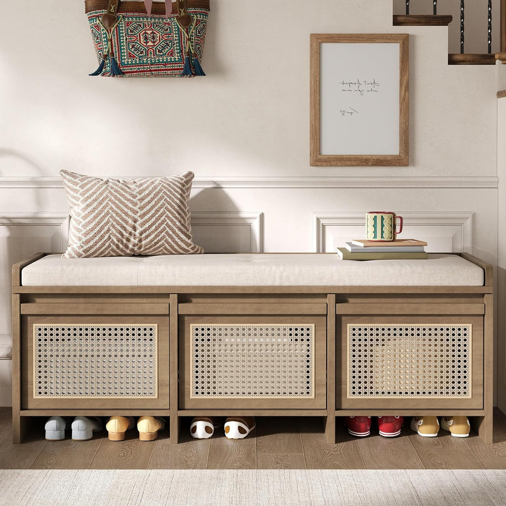 48" Entryway Storage Bench with 3 Rattan Drawers，Natural
