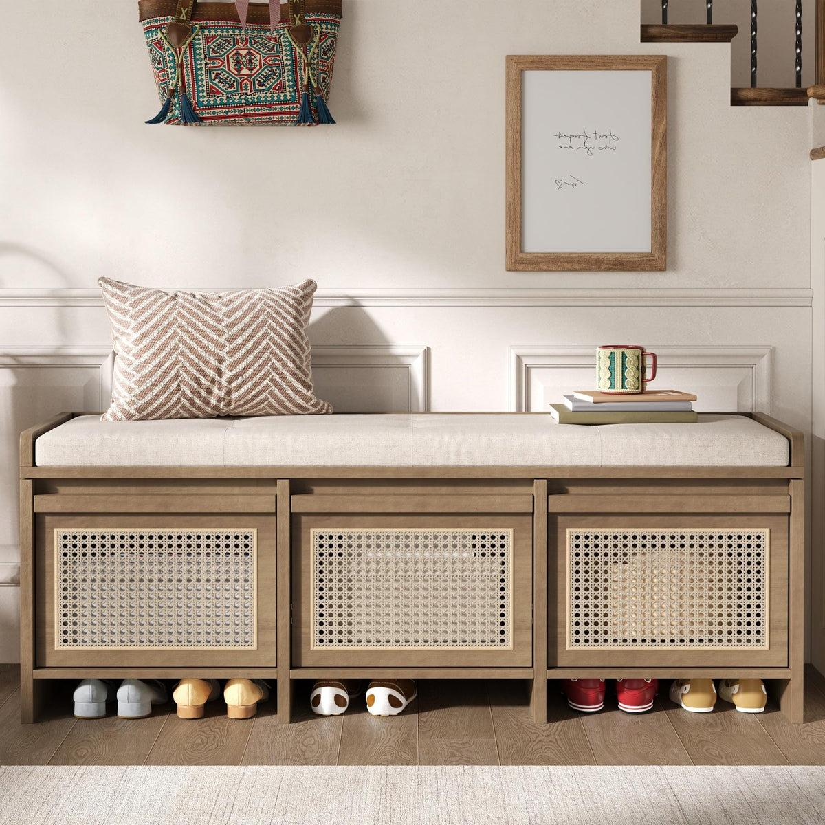 48" Entryway Storage Bench with 3 Rattan Drawers，Natural