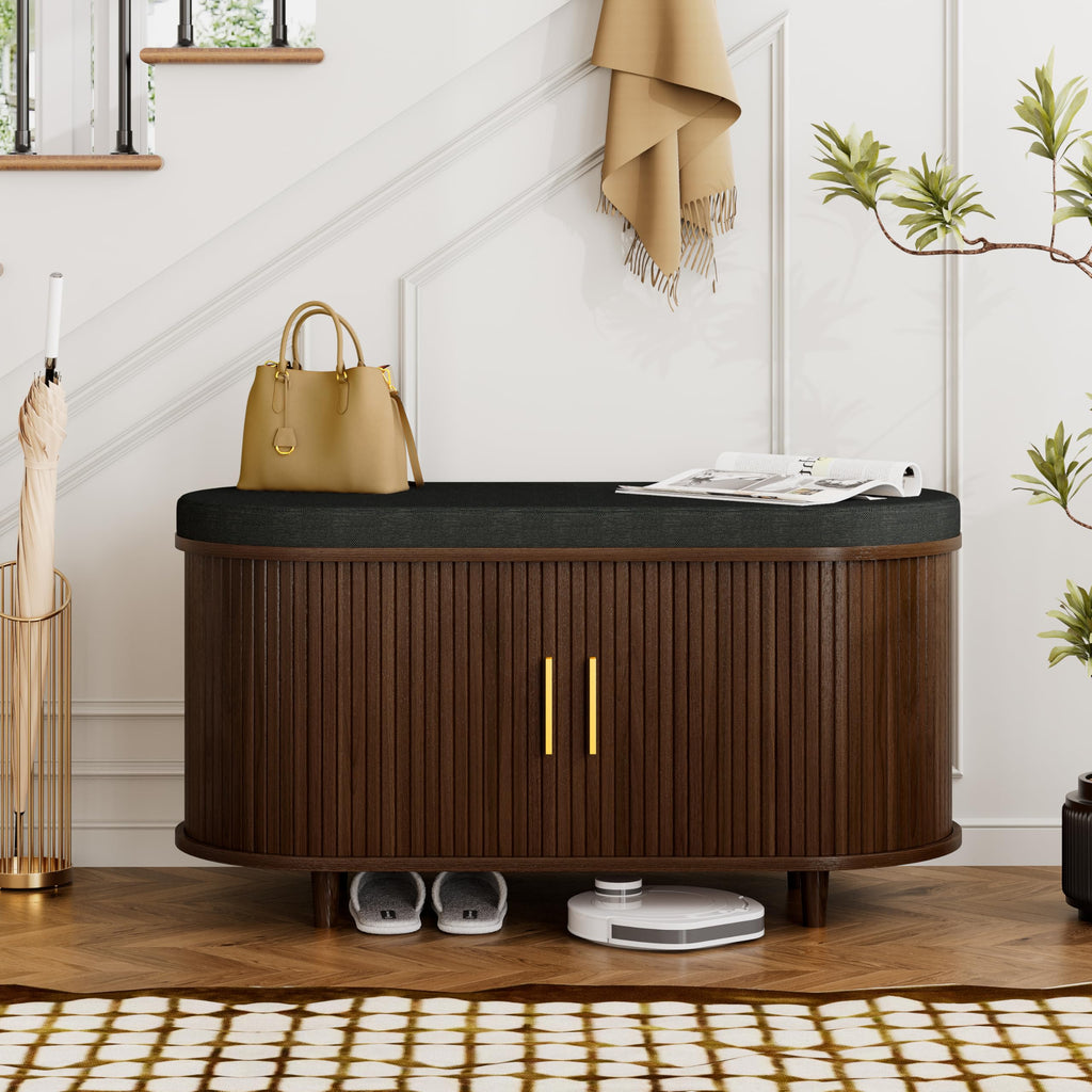DHH 2-Tier Storage Bench,Wide Shoe Bench with Thickened Padded Seat Cushion, Mid Century Modern Fluted Sliding Door and Adjustable Shelf, for Entryway, Living Room, Bedroom (Walnut, 43.3“)