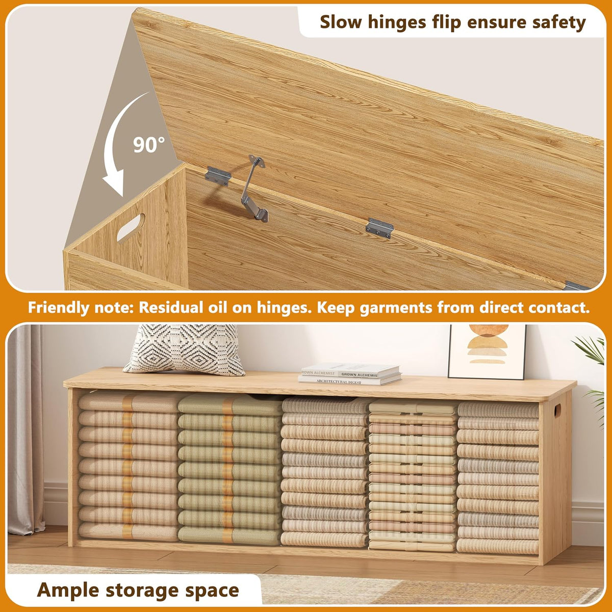 Akxomel 51.2" Fluted Storage Chest Wooden Storage Trunk 2 Safety Hinges Oak