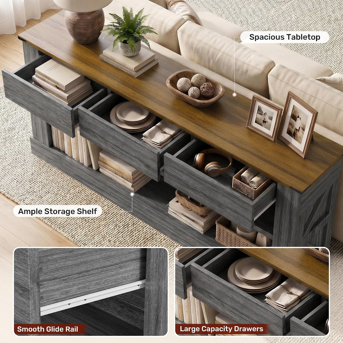 Miereirl 63" Console Table with Drawers & LED Light, Brown & Dark Grey