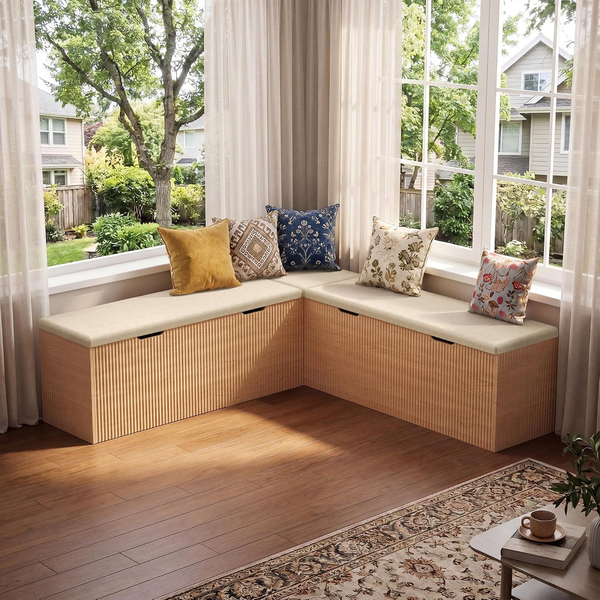 Merapi L-Shaped Storage Bench, Natural Wood Corner Bench with Storage