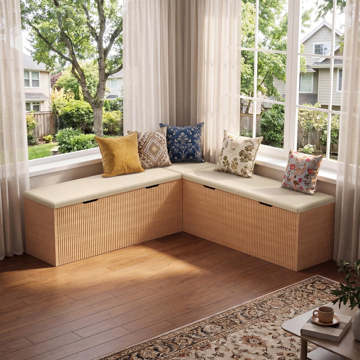 Merapi L-Shaped Storage Bench, Natural Wood Corner Bench with Storage