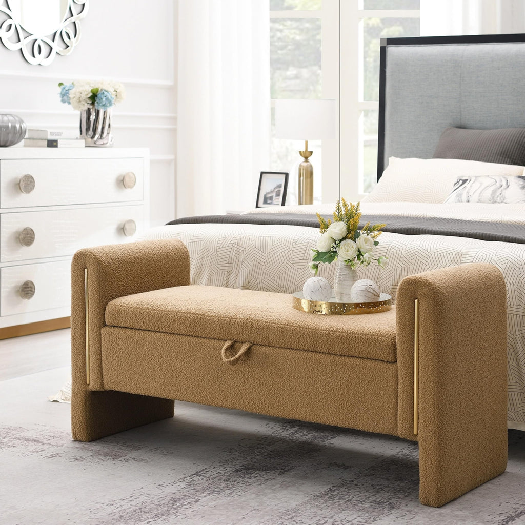Christopher Knight Home Upholstered Storage Ottoman, Teddy Fabric Bench with Solid Wood Legs, Comfortable Foot Rest Stool, Storage Bench for Bedroom End of Bed, Living Room, Dining Room, White
