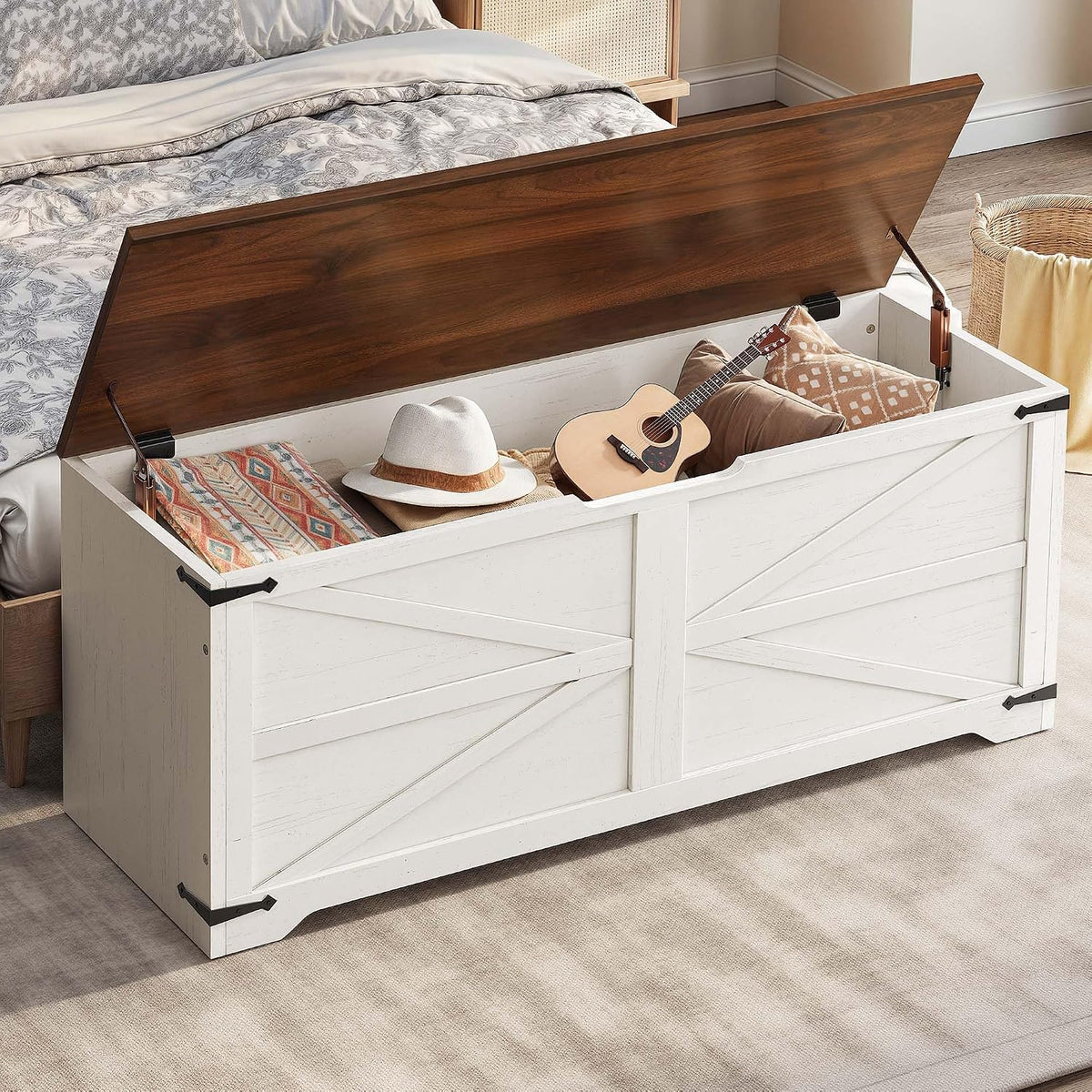 DWVO 47.2" Storage Bench, 2 Safety Hinges, Living Room, White and Walnut
