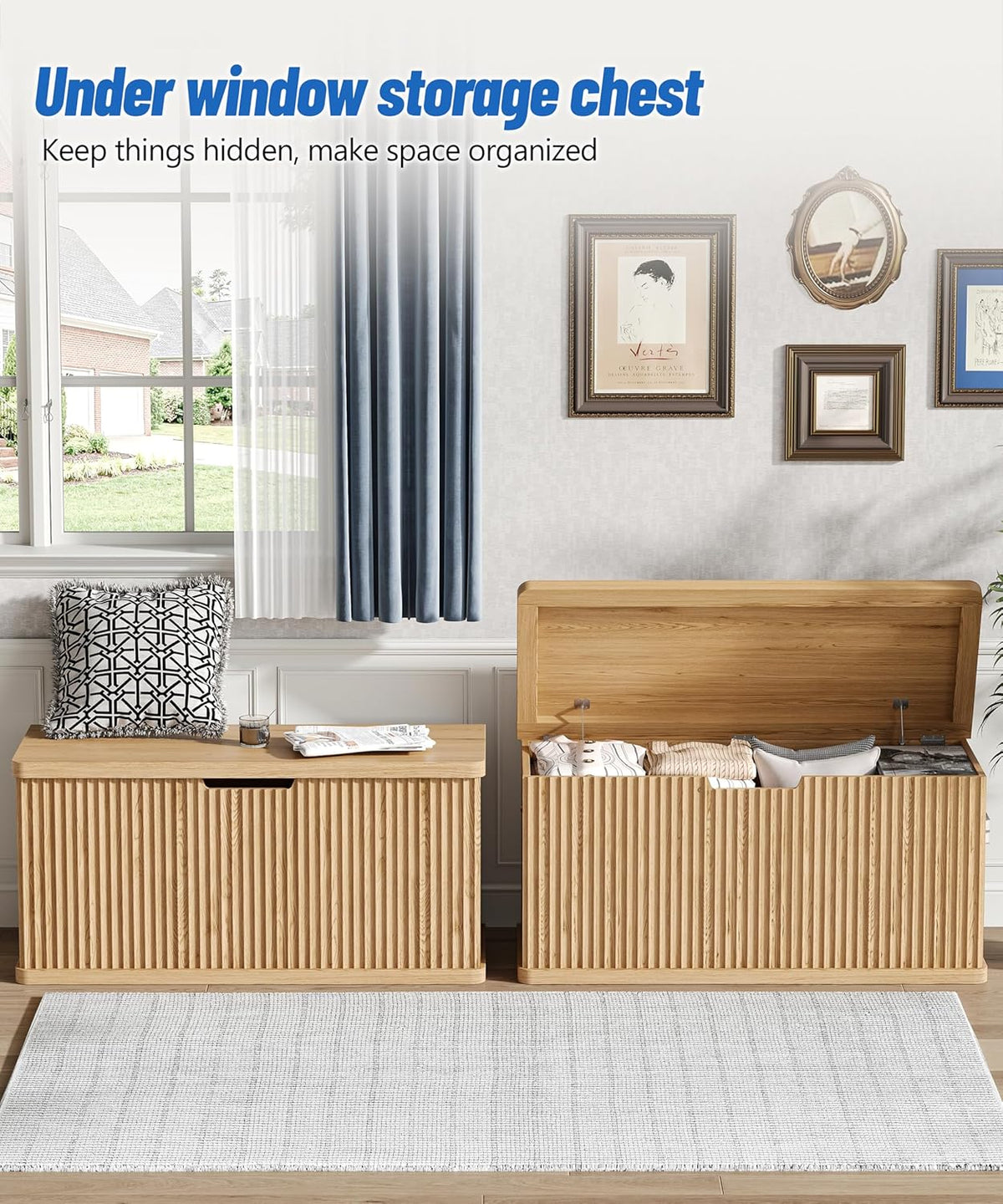 Akxomel 37.4" Fluted Storage Chest Wooden Storage Trunk 2 Safety Hinges Oak