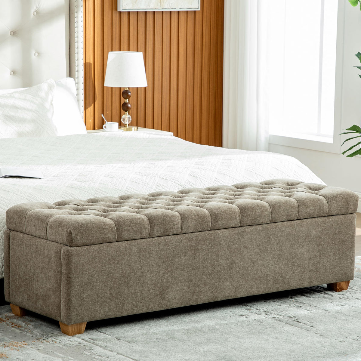 60.24" Bedside Ottoman Bench with Storage,Button Tufted Storage Benches for Bed End,Chenille Bench with Seating and Storage for Entryway,Bedroom,Living Room,Window (Beige, 60.24)