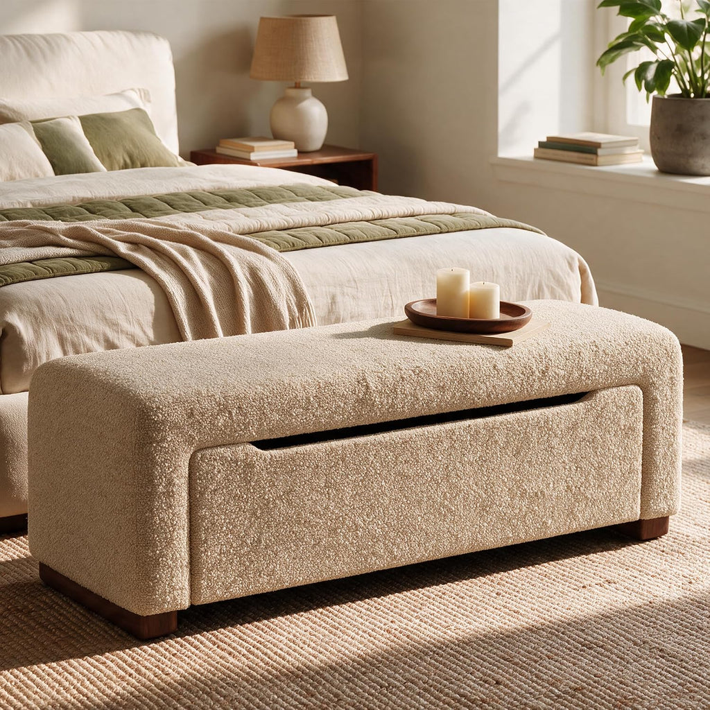 47.2" Upholstered Storage Bench for Bedroom, Boucle-Style End of Bed Bench with Hidden 25.7 Gallon Storage, Soft Textured Woven Ottoman Bench, Camel
