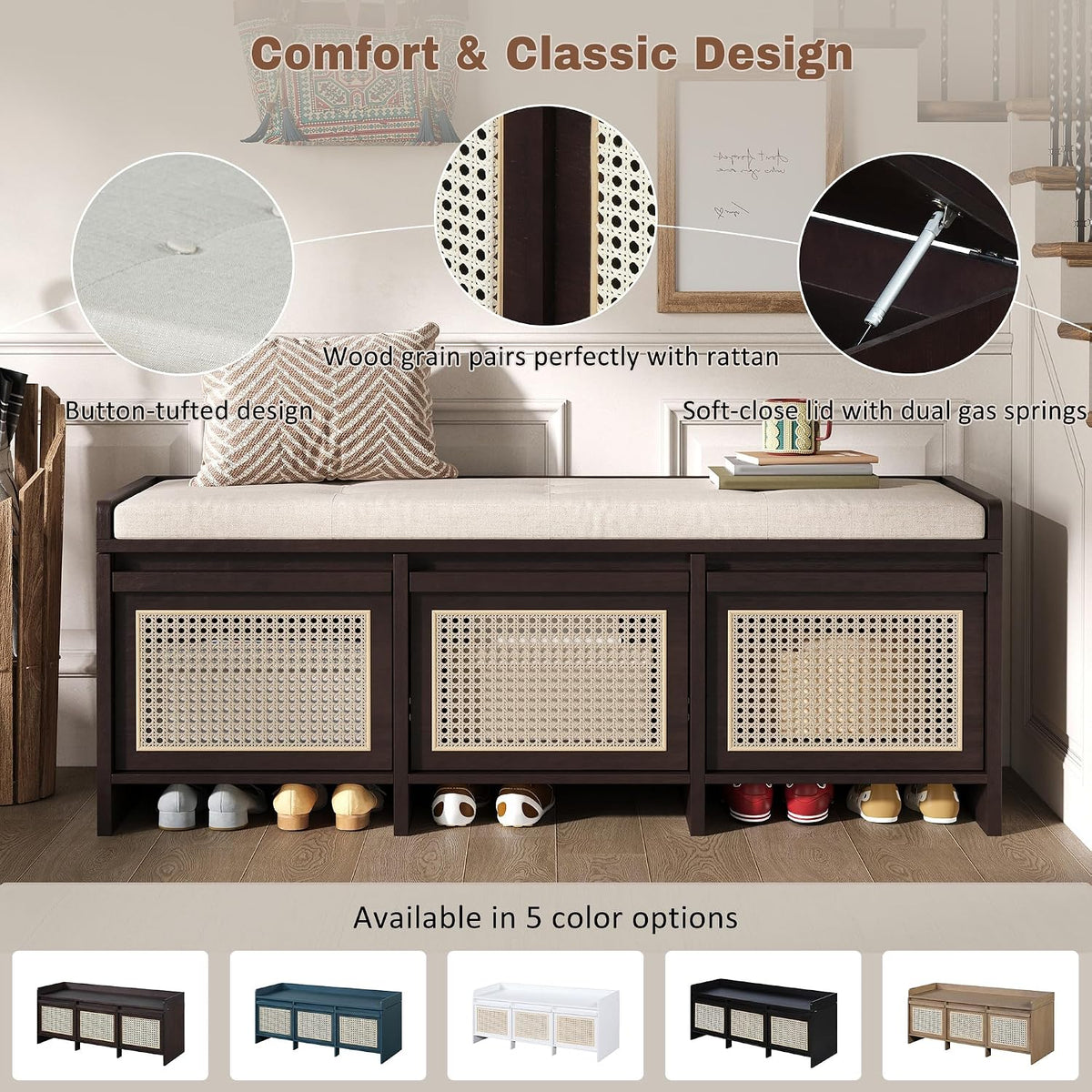 48" Entryway Storage Bench with 3 Rattan Drawers，Espresso