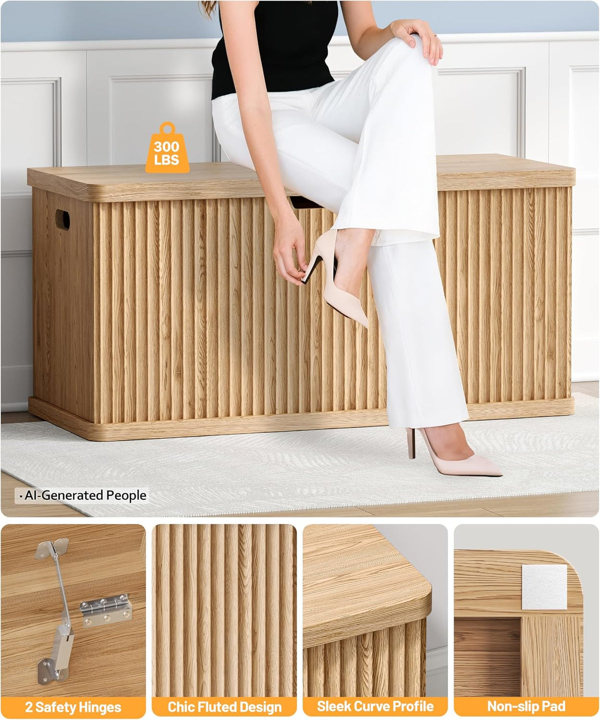 Akxomel 37.4" Fluted Storage Chest Wooden Storage Trunk 2 Safety Hinges Oak