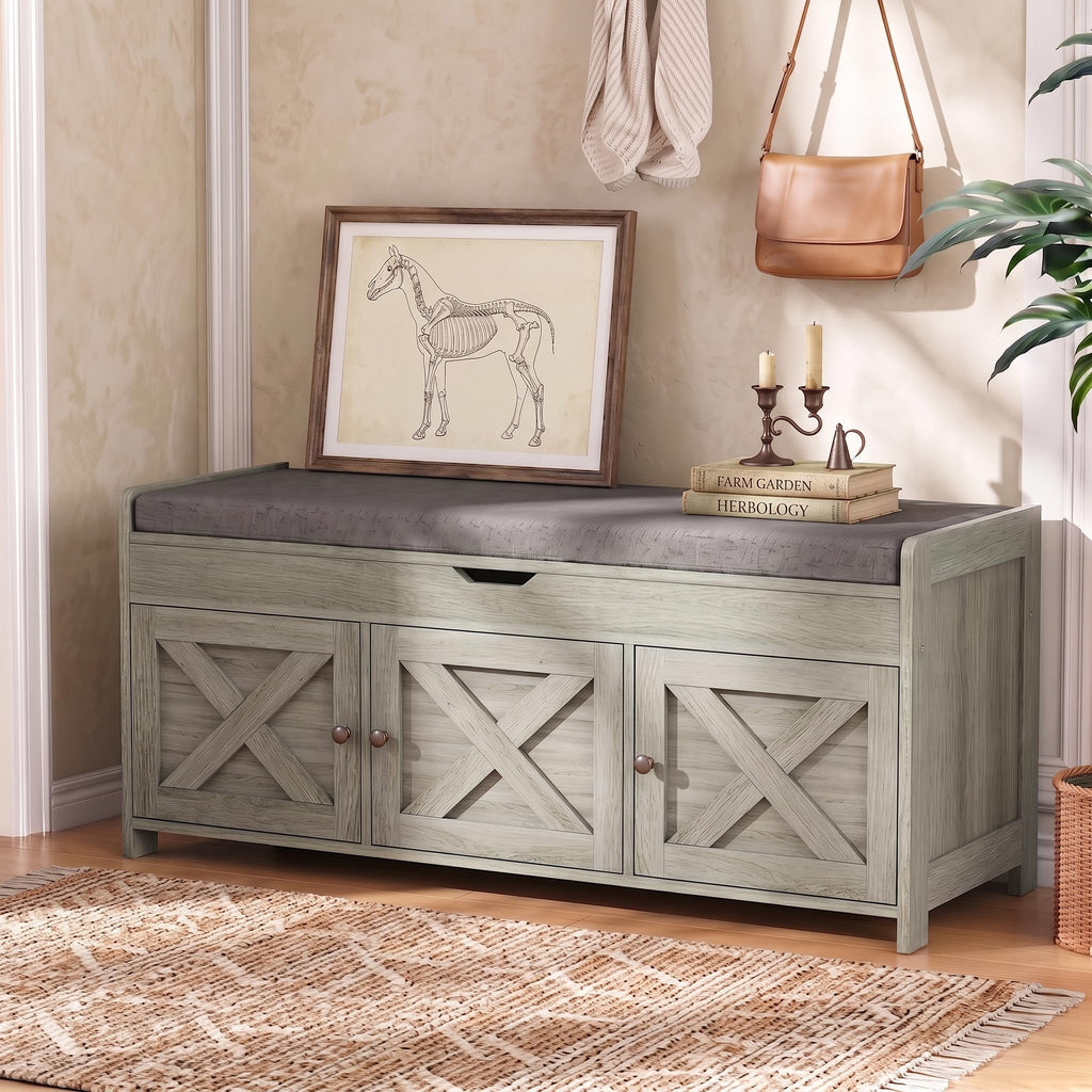 Marsail Shoe Storage Bench with Seating, Farmhouse Entryway Bench with Shoe Storage and Cushion, Under Window Benches Wooden Ottoman for Bedroom, Entry Way, Living Room, Cool Gray
