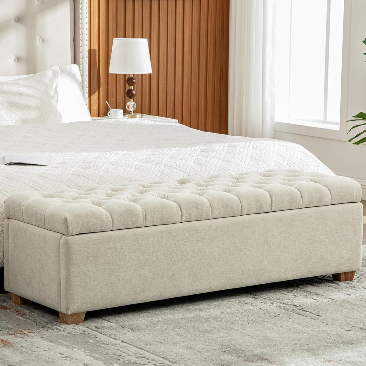 60.24" Bedside Ottoman Bench with Storage,Button Tufted Storage Benches for Bed End,Chenille Bench with Seating and Storage for Entryway,Bedroom,Living Room,Window (Beige, 60.24)