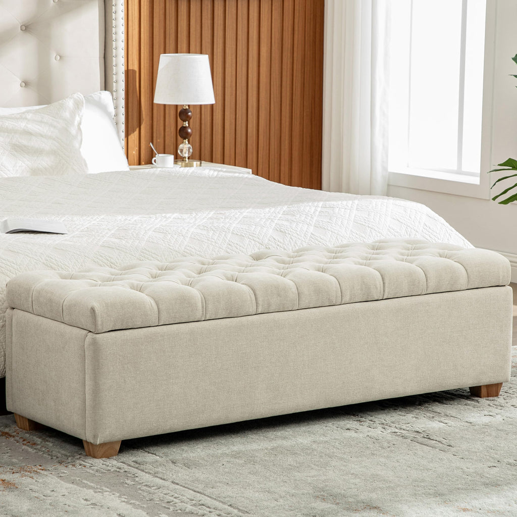 60.24" Bedside Ottoman Bench with Storage,Button Tufted Storage Benches for Bed End,Chenille Bench with Seating and Storage for Entryway,Bedroom,Living Room,Window (Beige, 60.24)