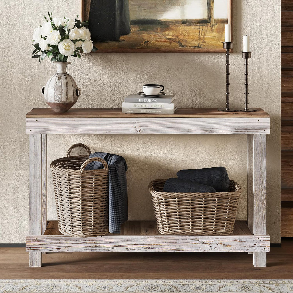 SMARTSTANDARD 46" Long Farmhouse Console Table, Solid Wood, Classic White