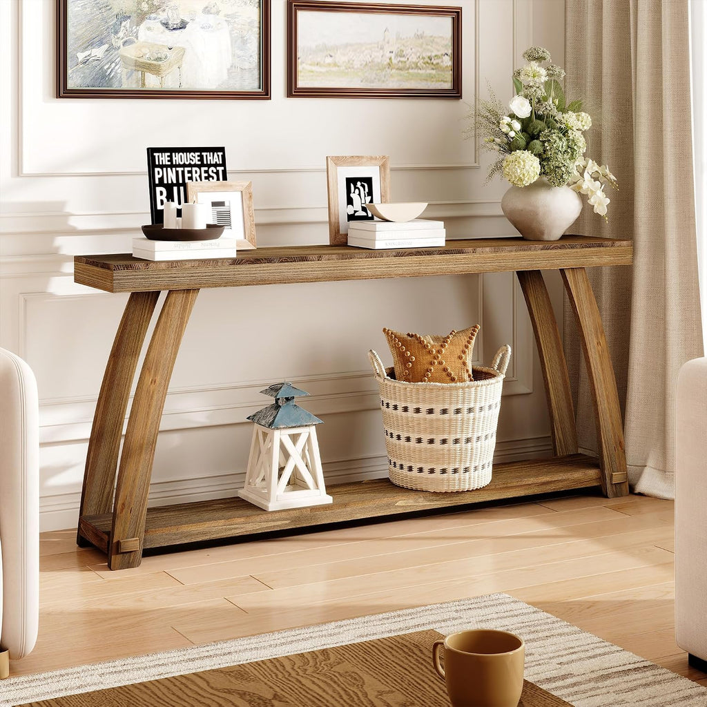 Solid Wood Console Table, 63" Sofa Table with Slightly Curved Legs