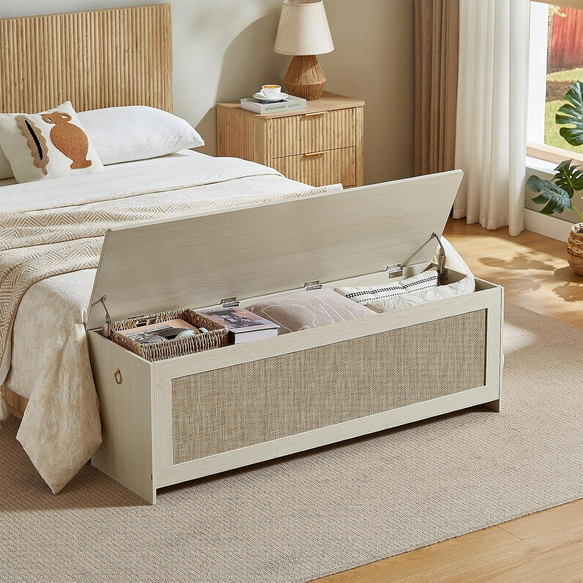 55.1" Storage Chest Extra Large,Rattan Storage Bench(White Cream)