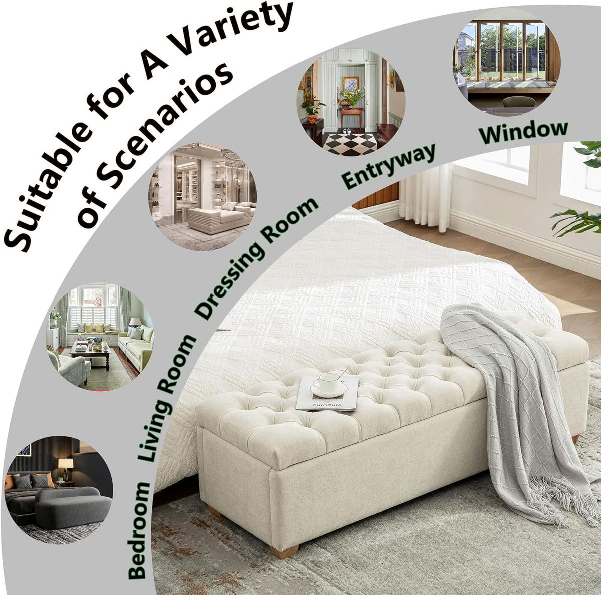 60.24" Bedside Ottoman Bench with Storage,Button Tufted Storage Benches for Bed End,Chenille Bench with Seating and Storage for Entryway,Bedroom,Living Room,Window (Beige, 60.24)