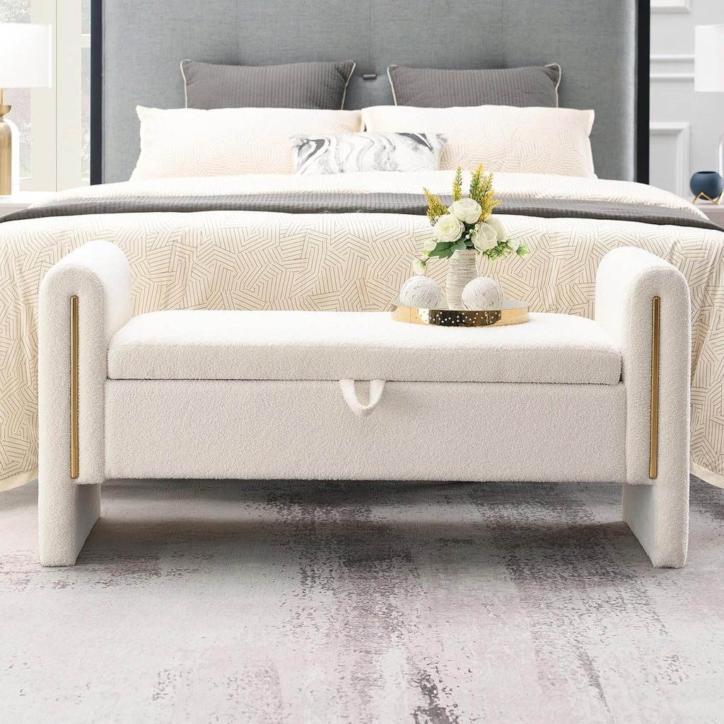 Christopher Knight Home Upholstered Storage Ottoman, Teddy Fabric Bench with Solid Wood Legs, Comfortable Foot Rest Stool, Storage Bench for Bedroom End of Bed, Living Room, Dining Room, White