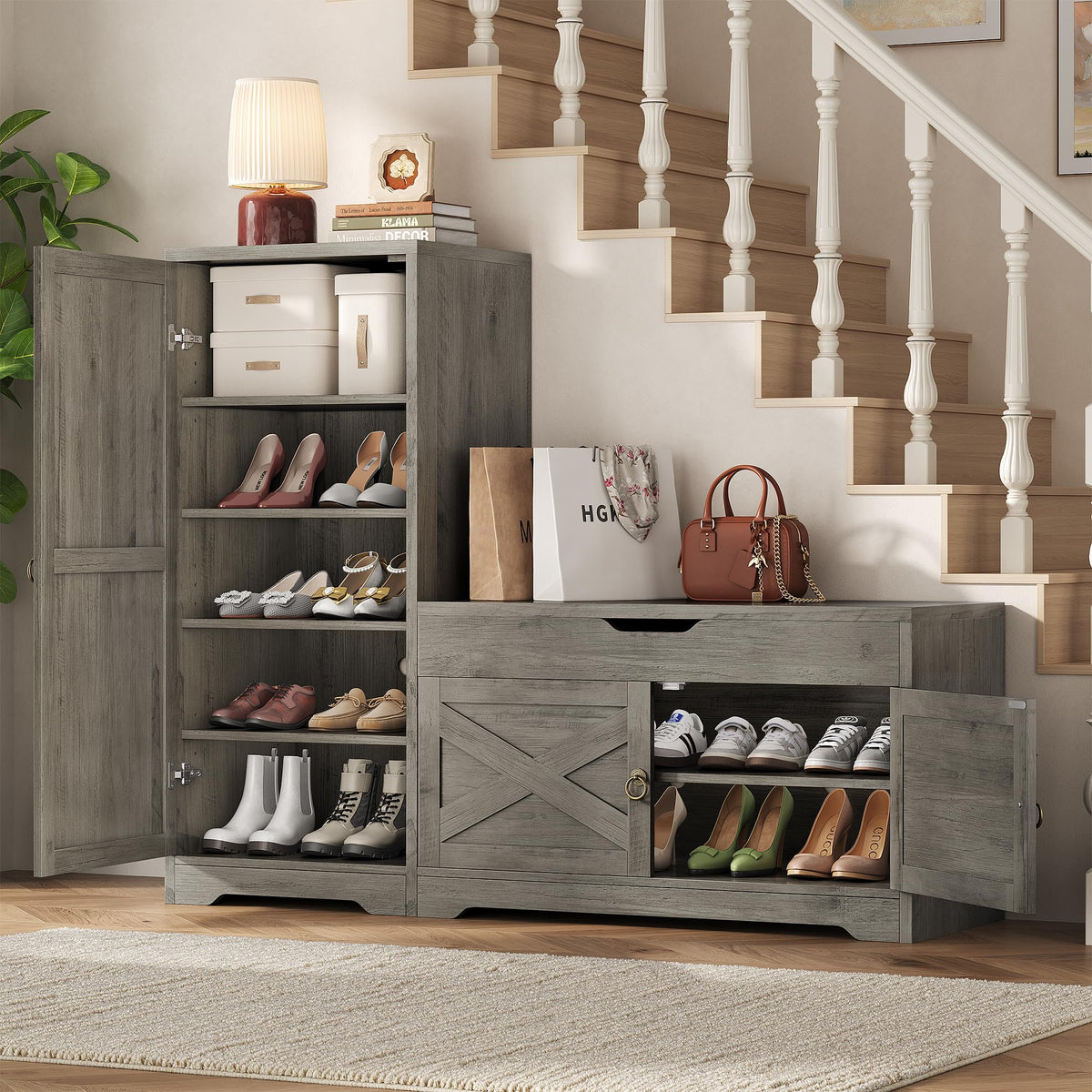 47'' Shoe Cabinet with Bench Seat, 7-Tier Shoe Storage Bench for Entryway with Adjustable Shelves, 0.7'' Top Panel and Hidden Lift Top Storage for Hallway Entrance, White
