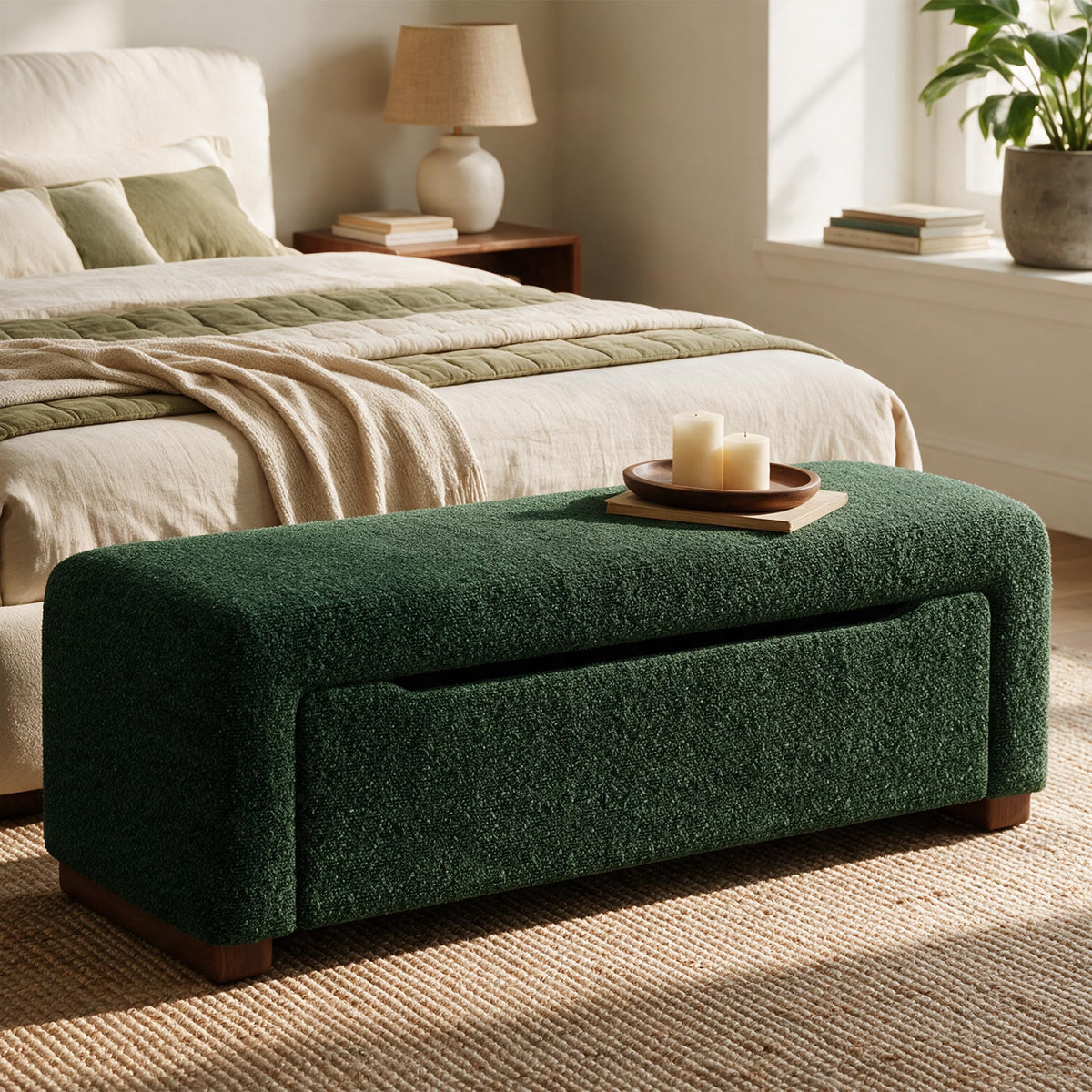 47.2" Upholstered Storage Bench for Bedroom, Boucle-Style End of Bed Bench with Hidden 25.7 Gallon Storage, Soft Textured Woven Ottoman Bench, Camel