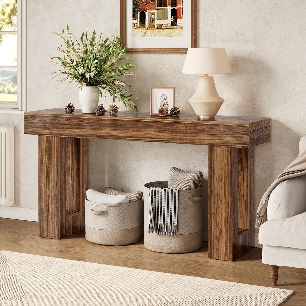 LITTLE TREE 63 Inches Long Console Table for Entryway, Sofa Table Behind Couch, Wooden Entry Table Foyer Hallway Tables, Farmhouse Console Sofa Tables for Living Room, Oak Color