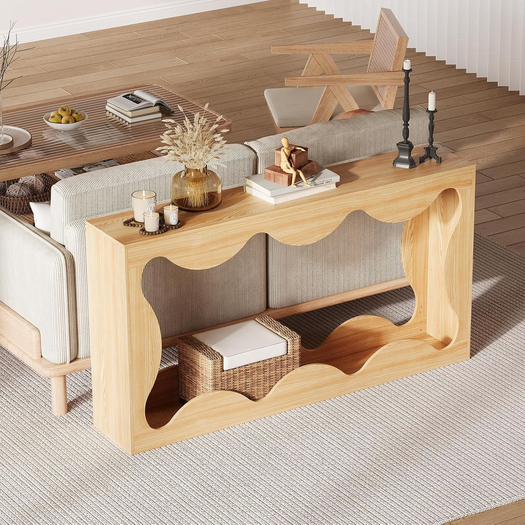 63" Farmhouse Entryway Table, Slim Wood Scalloped Sofa Table