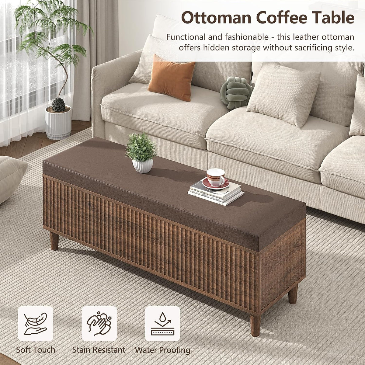 51" Storage Ottoman Bench, Fluted Wooden End of Bed Storage Bench with Leather Upholstererd, Mid-Century Modern Entryway Bench with Lift Top for Bedroom, Living Room, Entryway