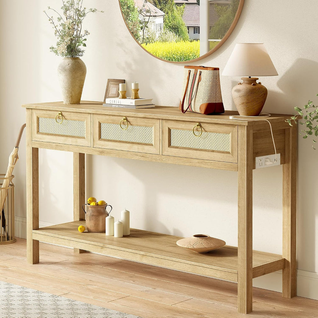 SUPERJARE Rattan Console Sofa Table with Outlets, USB-C Port and 3 Drawers
