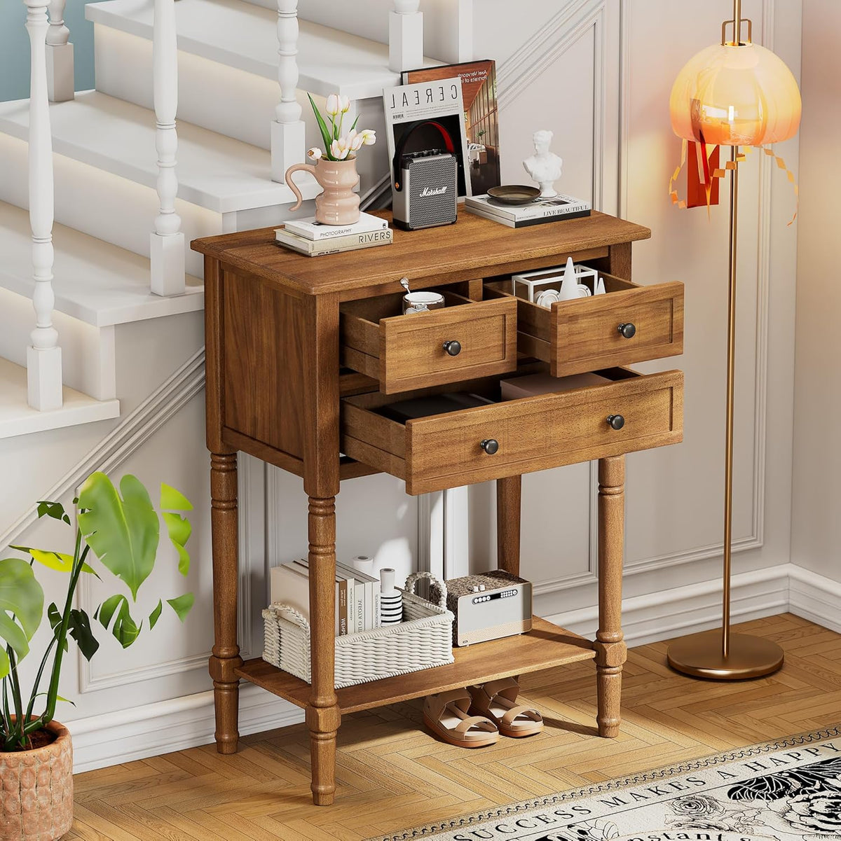 Knocbel Slim Antique Entry Console Table with 3 Drawers & Bottom Open Shelf, Solid Wood Narrow Sofa Couch Table for Entryway Hallway Living Room 23.7" W x 13" D x 31.4" H Natural