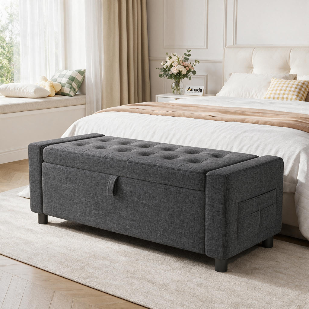 Amada 46" Storage Ottoman Bench w/Side Pocket & Safety Hinge, White