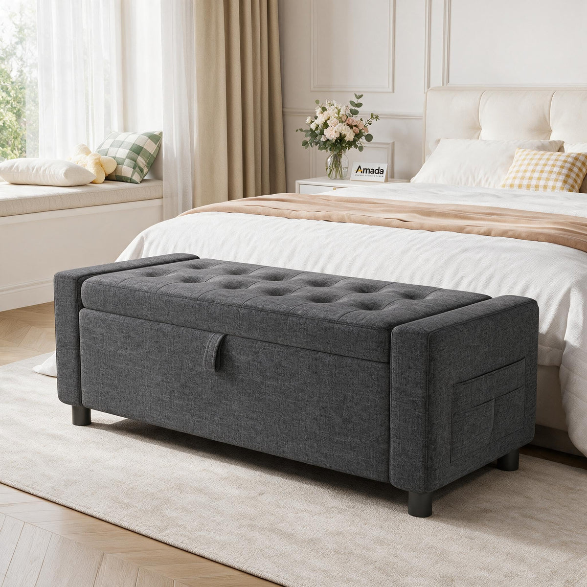 Amada 46" Storage Ottoman Bench w/Side Pocket & Safety Hinge, White