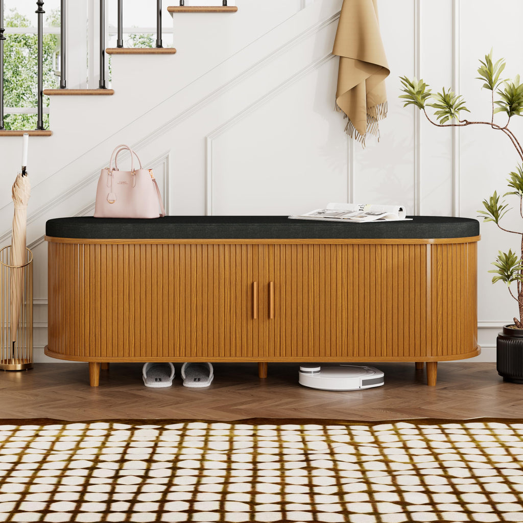 DHH 2-Tier Storage Bench,Wide Shoe Bench with Thickened Padded Seat Cushion, Mid Century Modern Fluted Sliding Door and Adjustable Shelf, for Entryway, Living Room, Bedroom (Walnut, 43.3“)