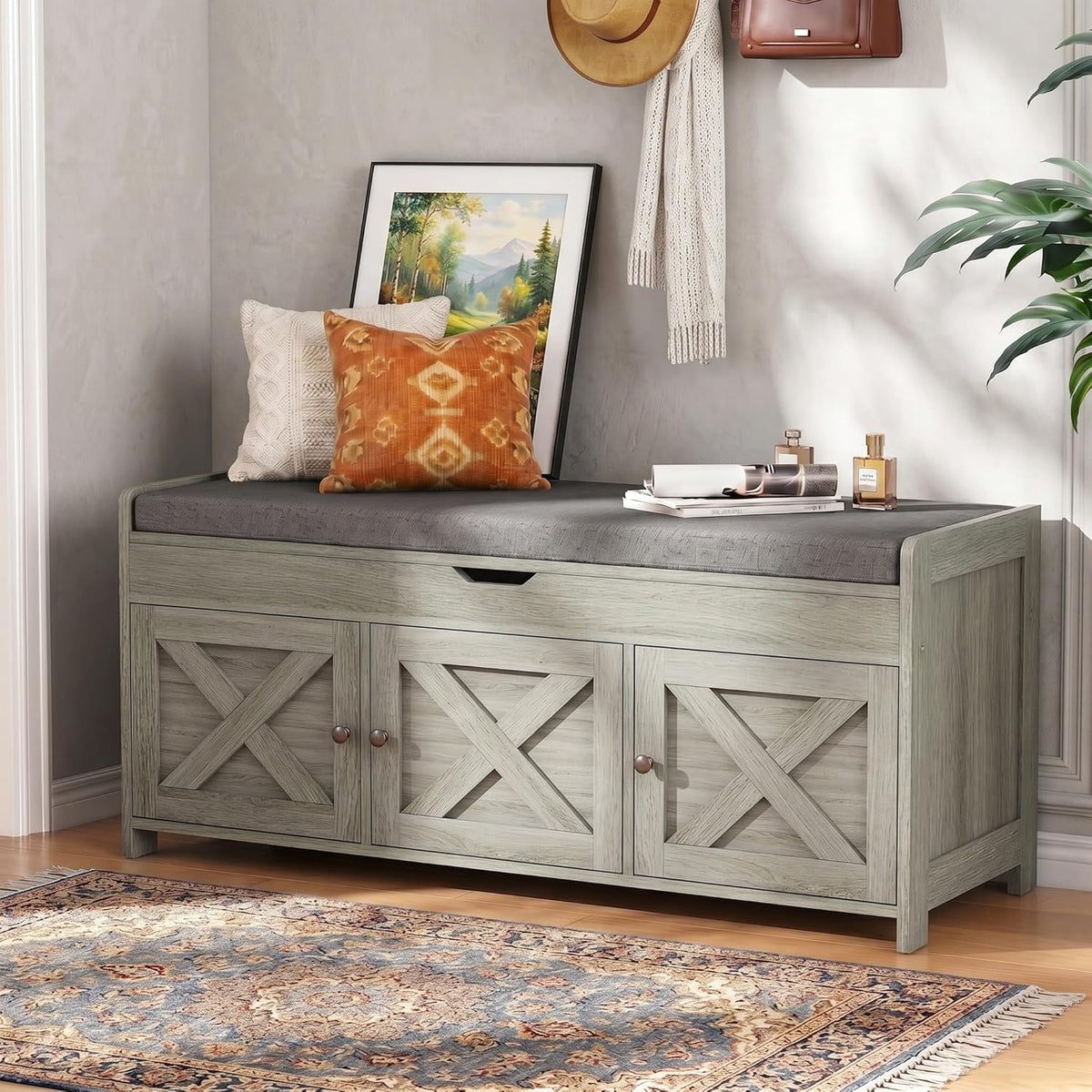 Marsail Shoe Storage Bench with Seating, Farmhouse Entryway Bench, Grey