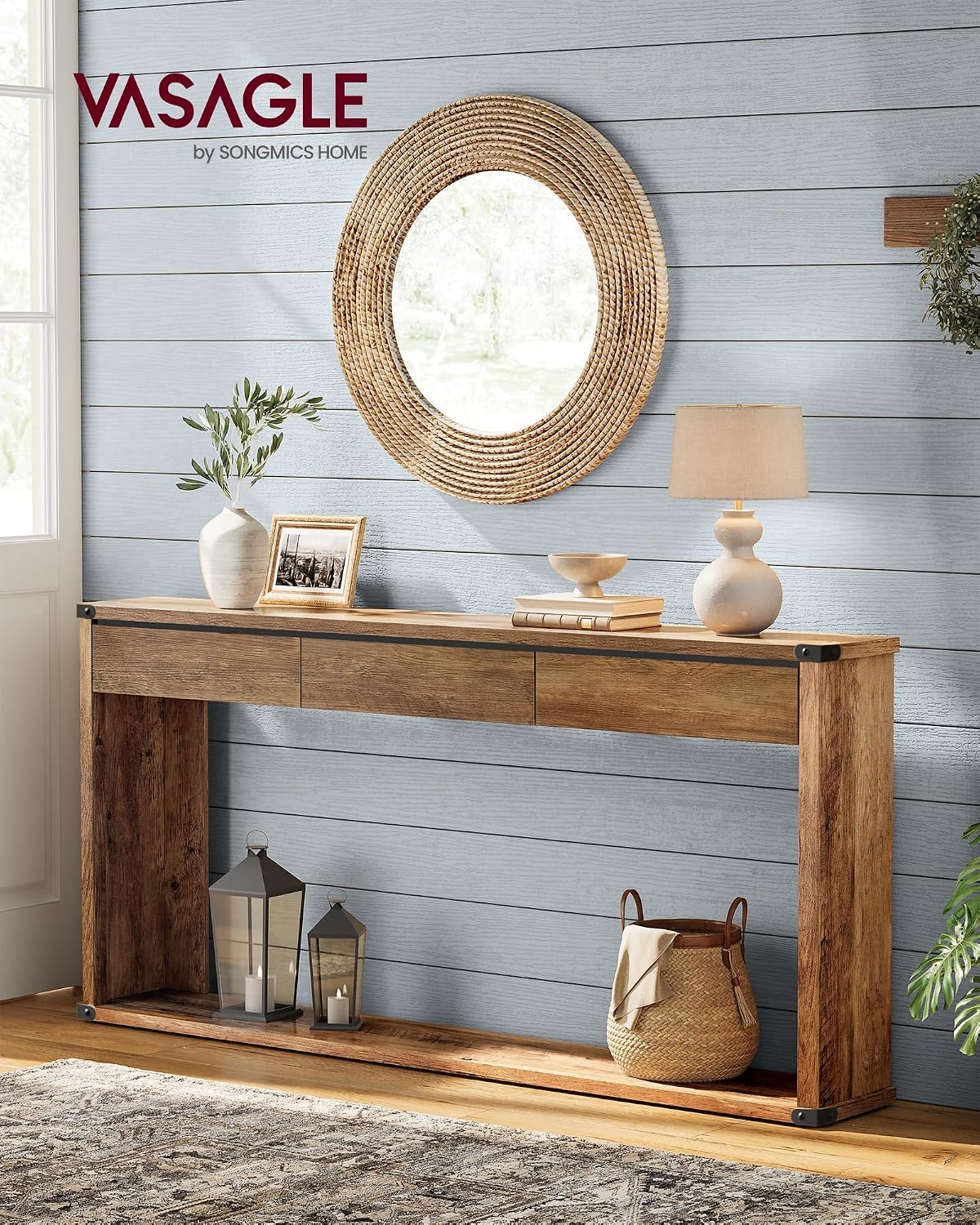 VASAGLE 63" Console Table with 3 Drawers, Entryway Table, Bottom Shelf