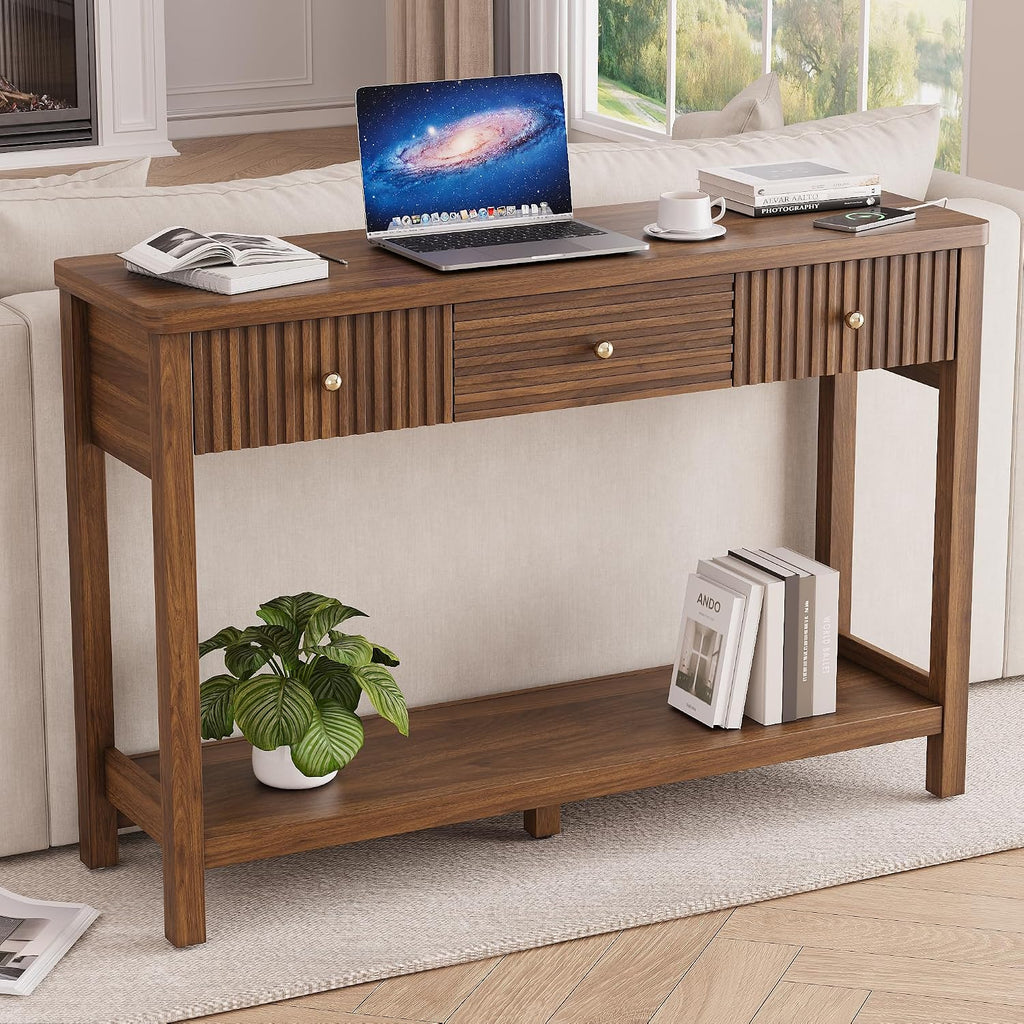 Decofy 47'' Fluted Console Table with Charging Station & 3 Drawers, Walnut