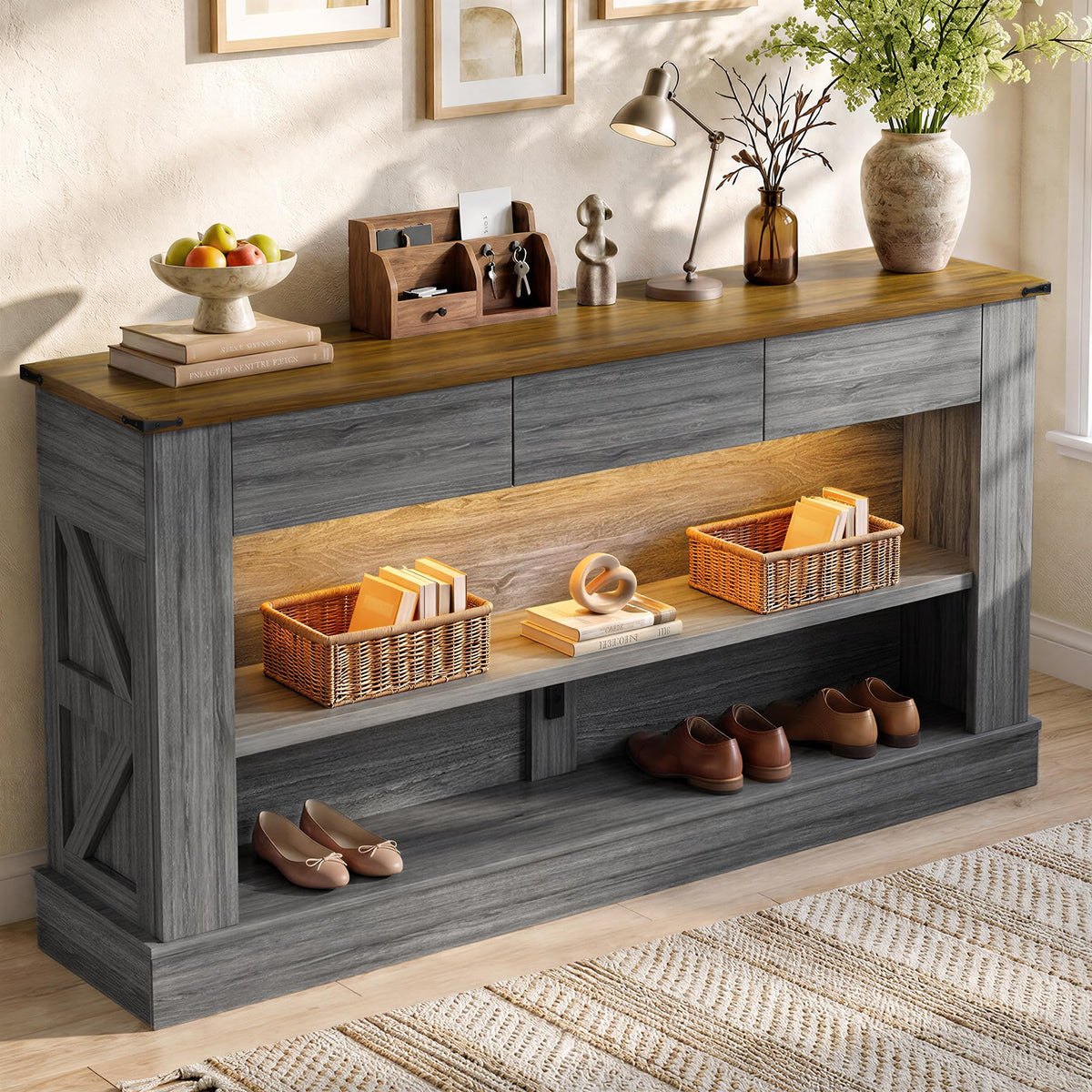 Miereirl 63" Console Table with Drawers & LED Light, Brown & Dark Grey