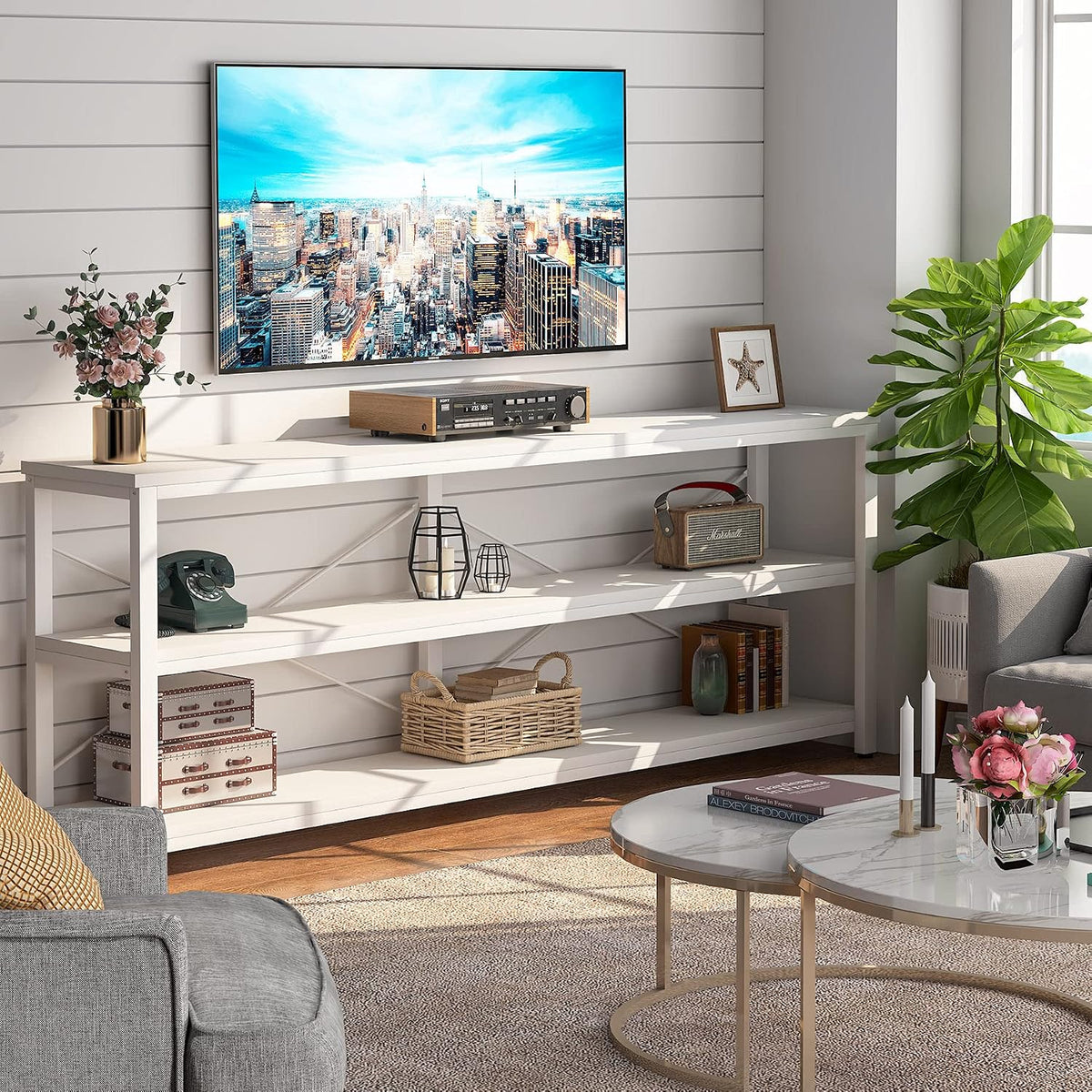 Sofa Table, 3 Tiers TV Stand 70.8 Inches Console Table Extra Long with Storage Shelves for Living Room, Entryway