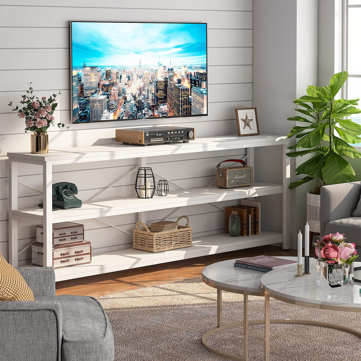 Sofa Table, 3 Tiers TV Stand 70.8 Inches Console Table Extra Long with Storage Shelves for Living Room, Entryway