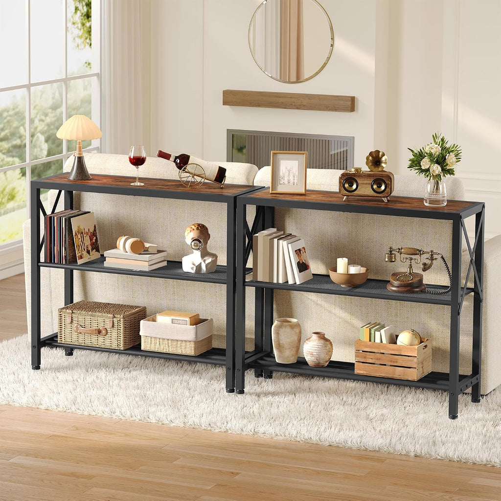 Hoctieon Set of 2 Industrial Console Table, 3 Tier Entryway Table, Metal Frame, Sofa Table with Shelf, Hallway Table, Entrance Table for Entryway, Living Room, Foyer, Hallway, Rustic Brown&Black